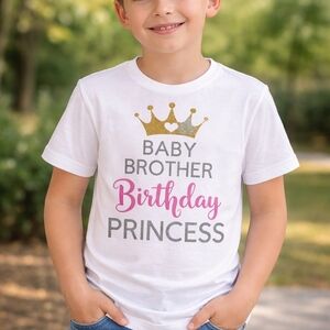 Baby Brother Birthday Princess Shirt XS 4-5 Kids White Birthday Tee